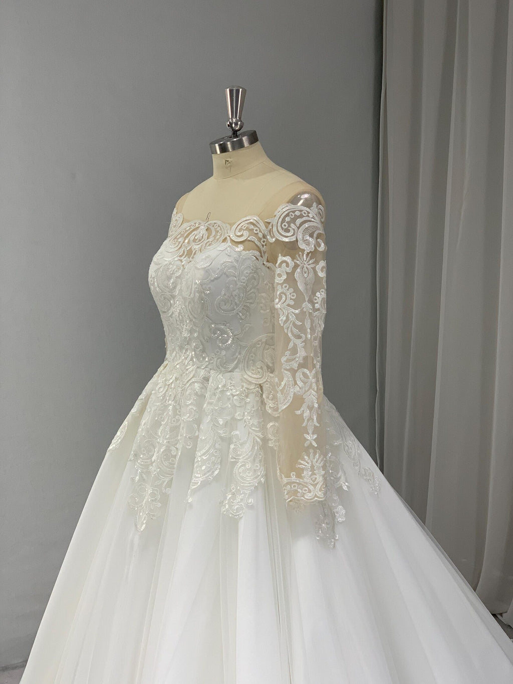 Off Shoulder Lace A Line Wedding Dress, Long Sheer Sleeve Ballgown Bridal Gown