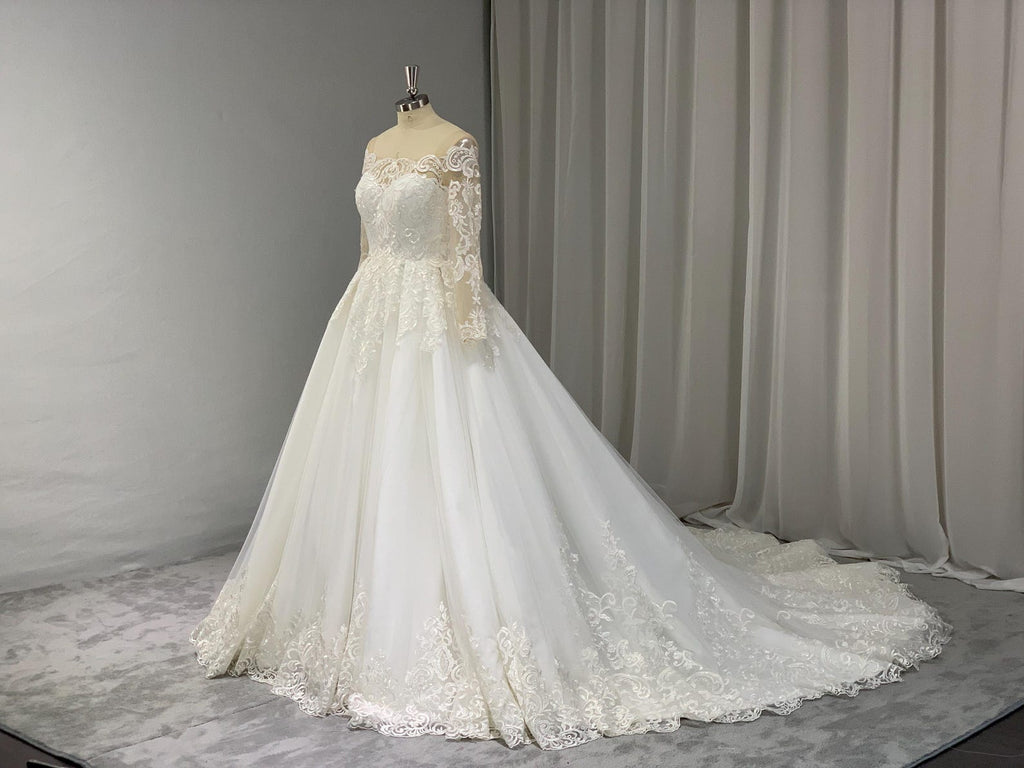 Off Shoulder Lace A Line Wedding Dress, Long Sheer Sleeve Ballgown Bridal Gown