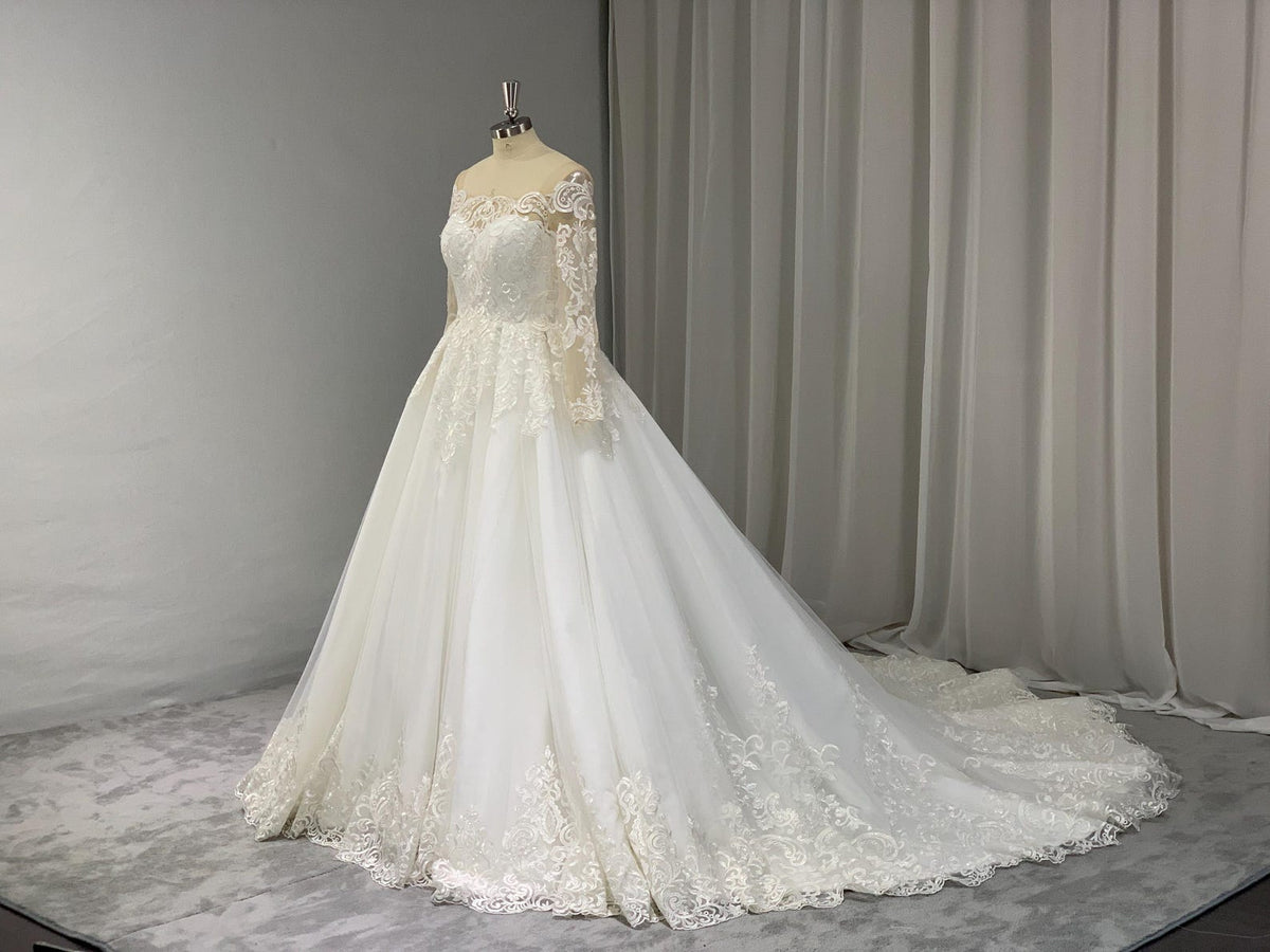 Off Shoulder Lace A Line Wedding Dress, Long Sheer Sleeve Ballgown Bridal Gown