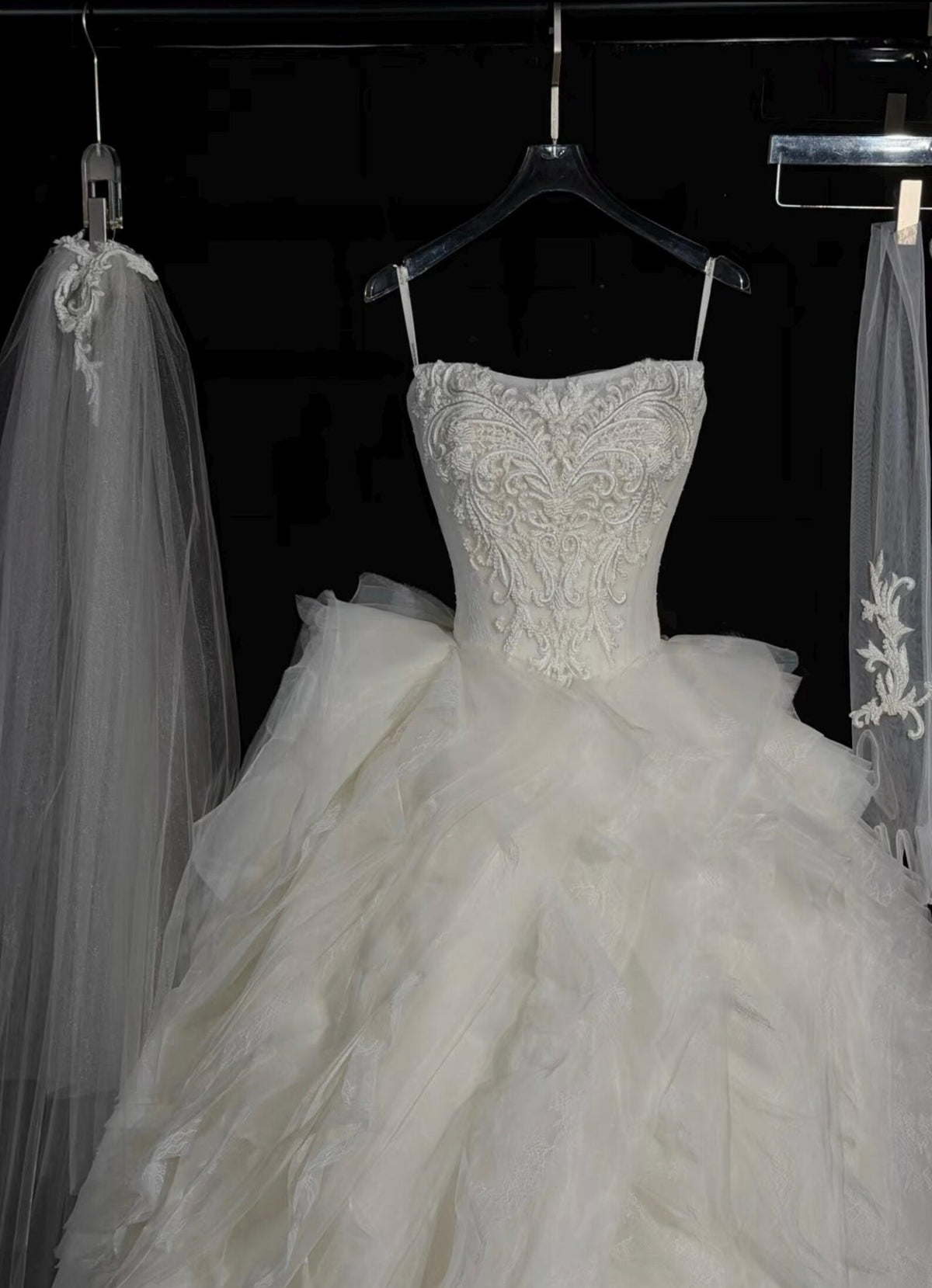 Strapless Lace Ballgown Wedding Dress with Ruffled Tulle Skirt, Veil & Detachable Sleeve