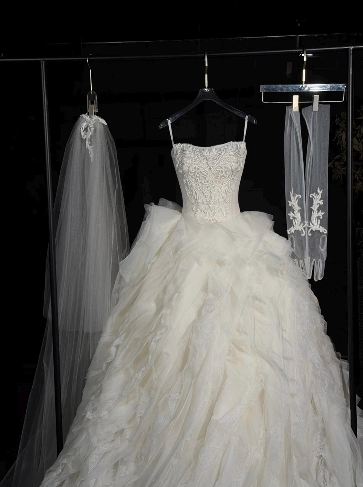 Strapless Lace Ballgown Wedding Dress with Ruffled Tulle Skirt, Veil & Detachable Sleeve