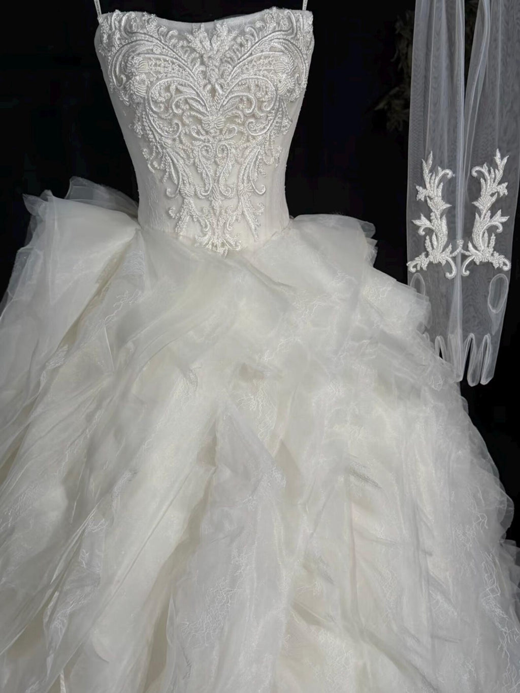 Strapless Lace Ballgown Wedding Dress with Ruffled Tulle Skirt, Veil & Detachable Sleeve