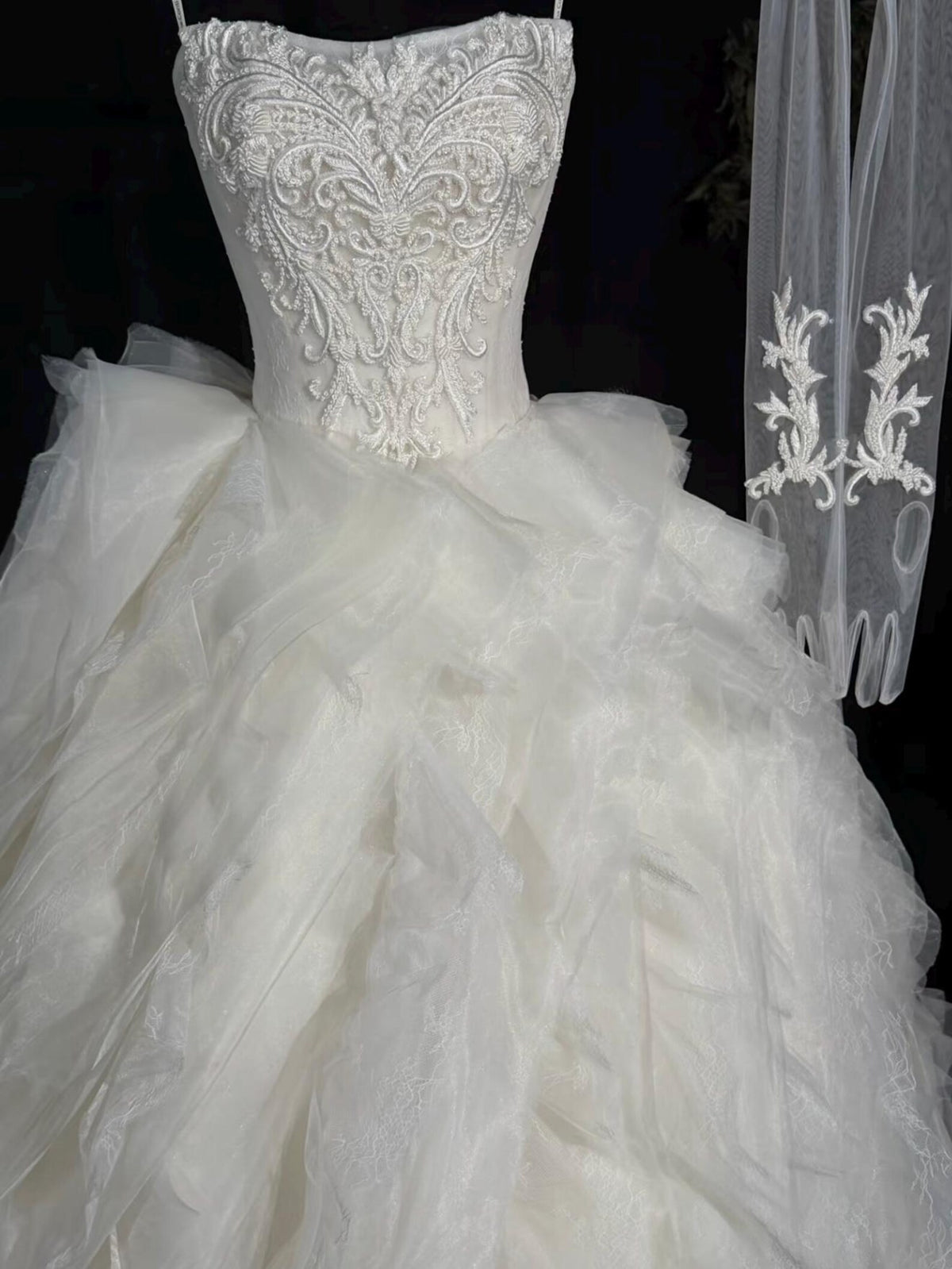Strapless Lace Ballgown Wedding Dress with Ruffled Tulle Skirt, Veil & Detachable Sleeve
