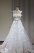 Strapless 3D Floral Lace Ballgown Wedding Dress, Corset Back Bridal Gown with Train