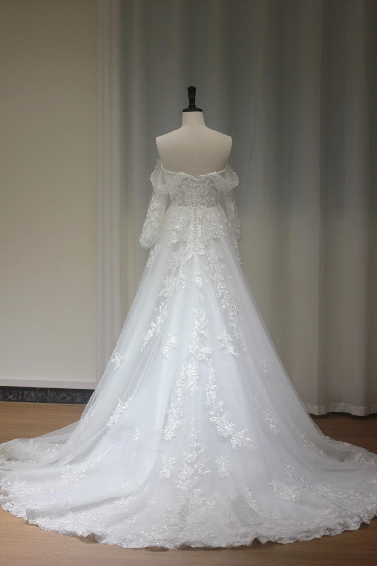 Off Shoulder Long Sleeve A Line Wedding Dress, Floral Lace Tulle Bridal Gown with Train