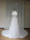 Halter Neck Chiffon A Line Wedding Dress, Minimalist Draped Bridal Gown with Train