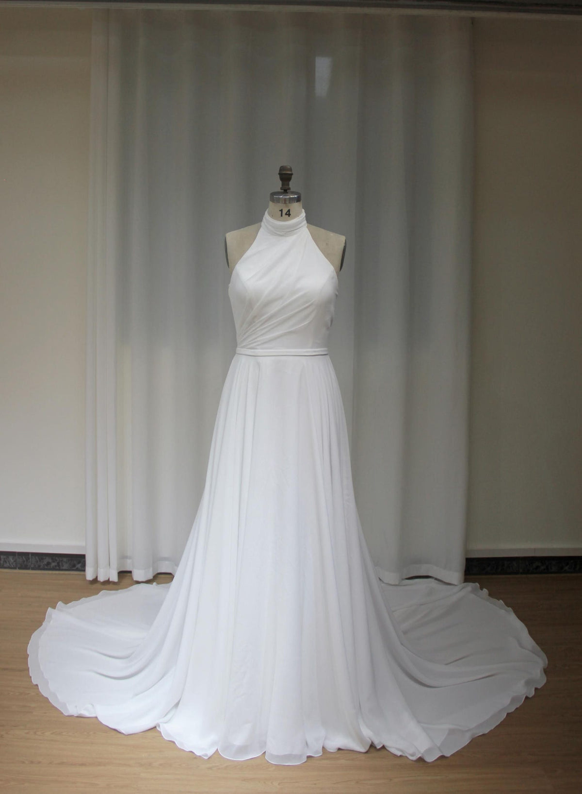 Halter Neck Chiffon A Line Wedding Dress, Minimalist Draped Bridal Gown with Train