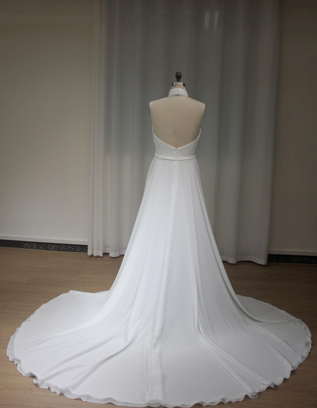Halter Neck Chiffon A Line Wedding Dress, Minimalist Draped Bridal Gown with Train
