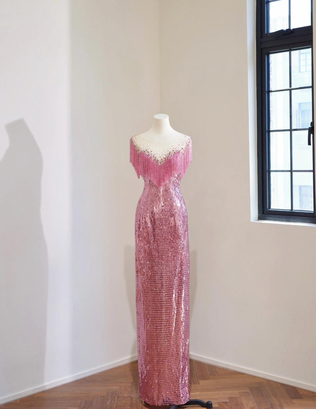 Pink Sequin Mermaid Evening Gown, Handmade Fringe Beaded Formal Dress, Illusion Neck Prom Dress, Wedding Guest Gala Dress