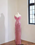 Pink Sequin Mermaid Evening Gown, Handmade Fringe Beaded Formal Dress, Illusion Neck Prom Dress, Wedding Guest Gala Dress