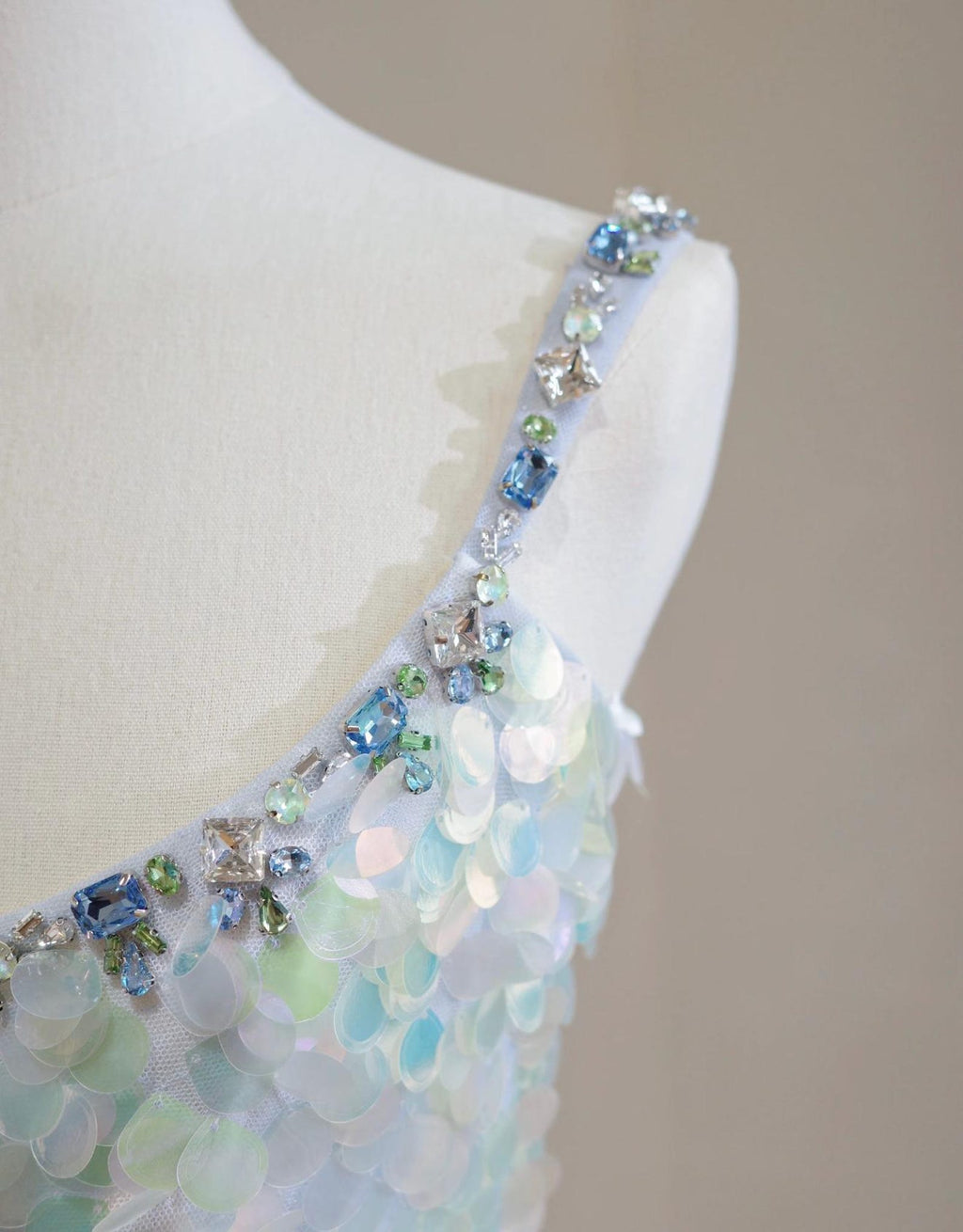 Iridescent Scale Sequin Mermaid Gown, Crystal Beaded Spaghetti Strap Prom Dress, Holographic Formal Evening Dress