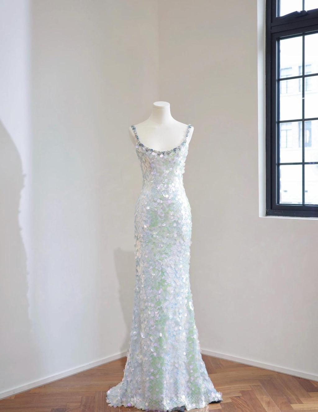 Iridescent Scale Sequin Mermaid Gown, Crystal Beaded Spaghetti Strap Prom Dress, Holographic Formal Evening Dress