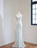Iridescent Scale Sequin Mermaid Gown, Crystal Beaded Spaghetti Strap Prom Dress, Holographic Formal Evening Dress
