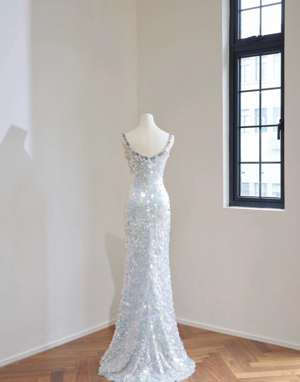 Iridescent Scale Sequin Mermaid Gown, Crystal Beaded Spaghetti Strap Prom Dress, Holographic Formal Evening Dress