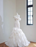 Off Shoulder Pleated Organza Mermaid Wedding Dress, Sculptural Ruffled Bridal Gown, Modern Wedding Gown