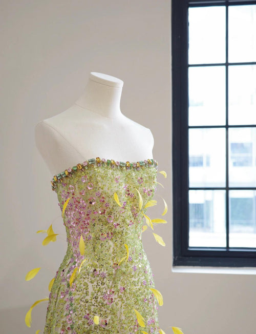 Artistic Strapless Feather Embellished Gown, Green Pink Ombre Hand Beaded Sheer Formal Dress, Luxury Photoshoot & Gala Custom Dress