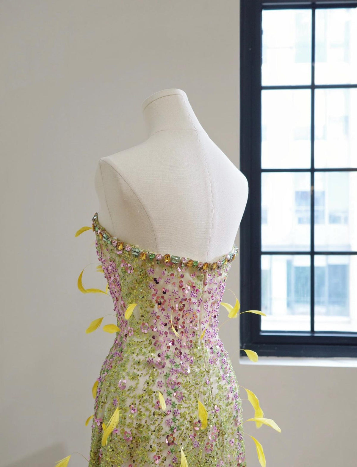 Artistic Strapless Feather Embellished Gown, Green Pink Ombre Hand Beaded Sheer Formal Dress, Luxury Photoshoot & Gala Custom Dress
