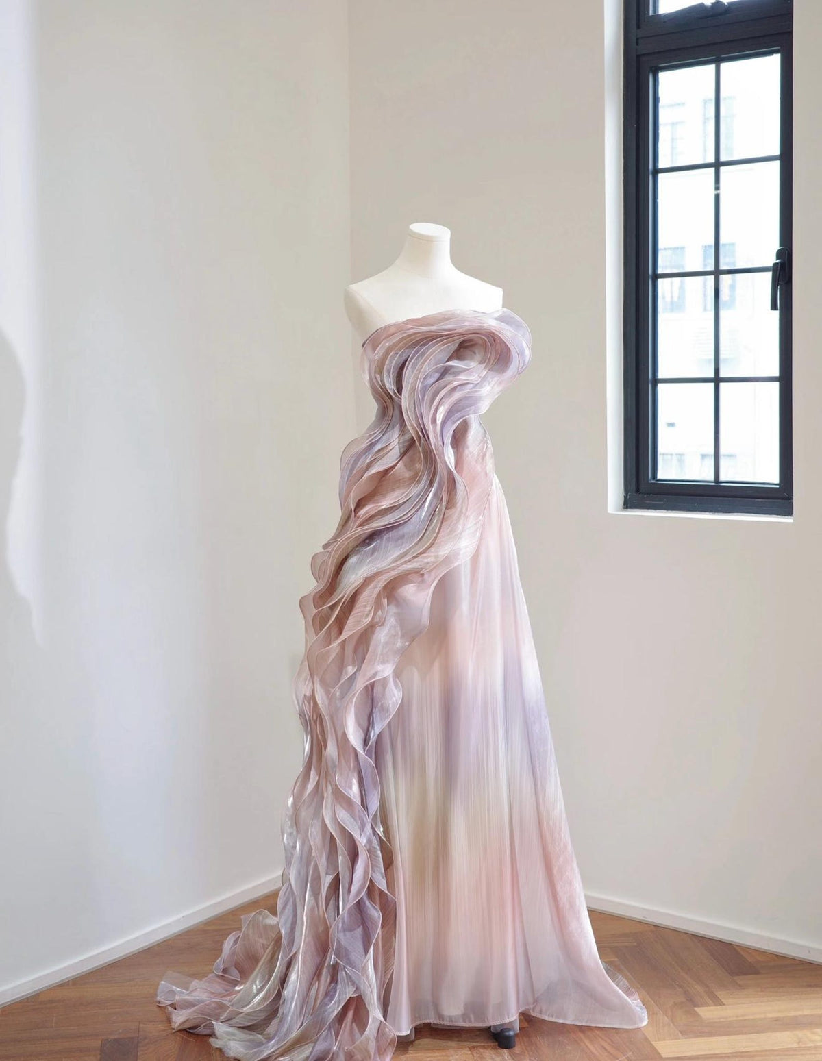 Sculptural Strapless Wave Ruffle Gown, Iridescent Pastel Ombre Organza Formal Dress, Luxury Statement Gala Custom Dress