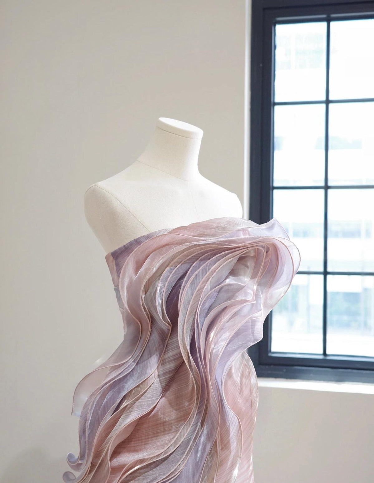 Sculptural Strapless Wave Ruffle Gown, Iridescent Pastel Ombre Organza Formal Dress, Luxury Statement Gala Custom Dress