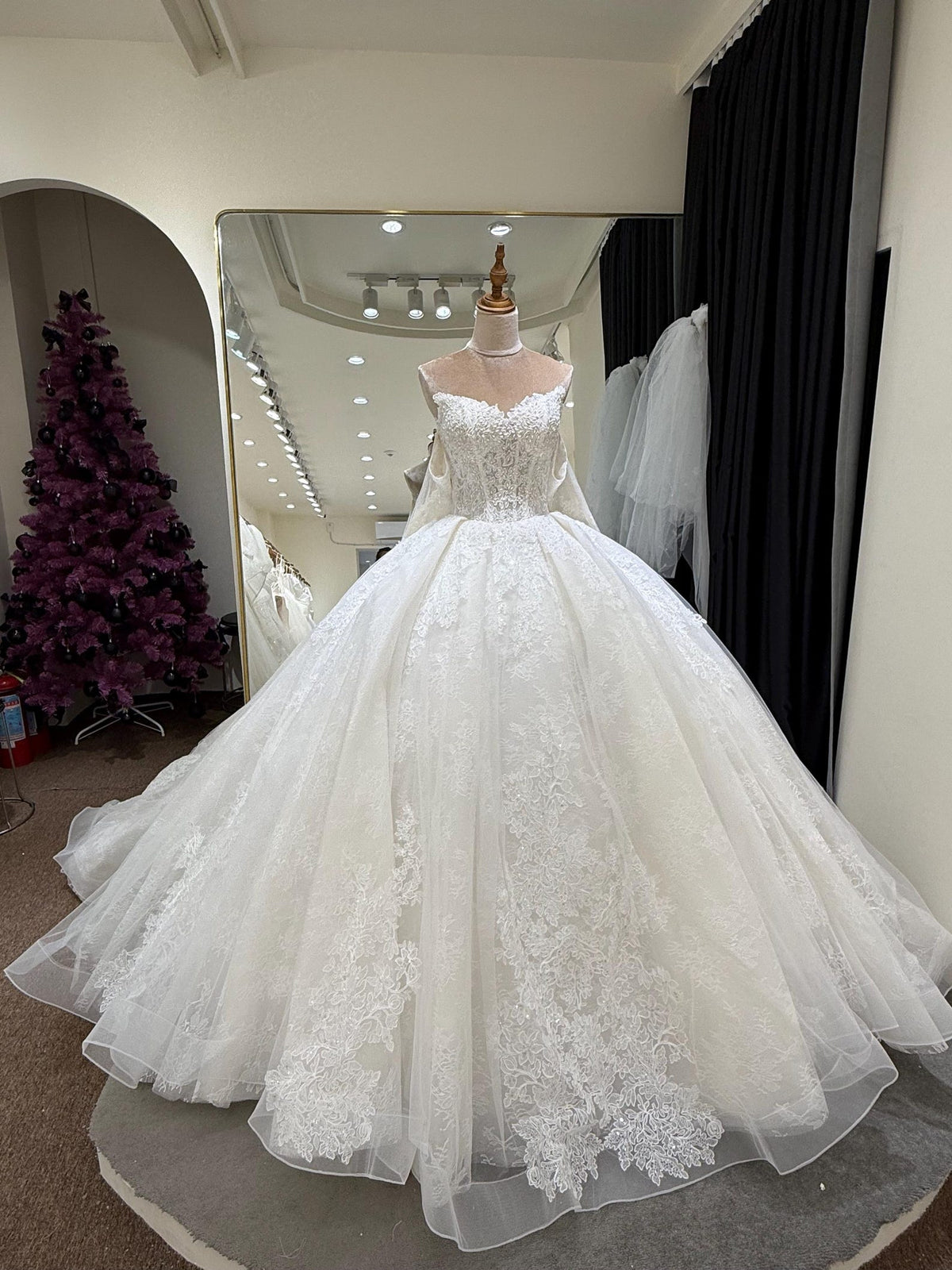Off Shoulder Satin Wedding Dress with Lace Skirt, 3D Floral Ruffle Ballgown Bridal Gown with Long Train, Custom Wedding Gown