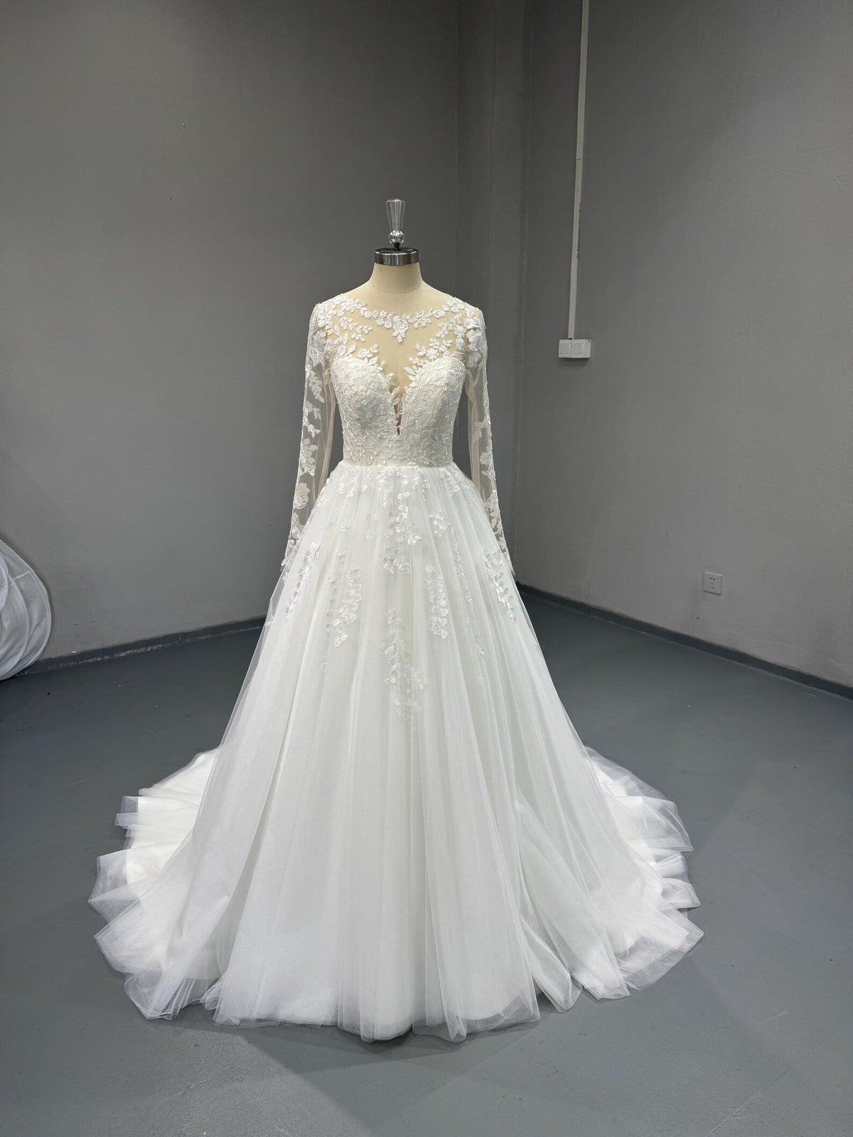 Long Sleeve Lace Ball Gown Wedding Dress, Illusion Neckline Bridal Gown, Floral Appliqué Tulle Wedding Gown, Custom Bridal Dress