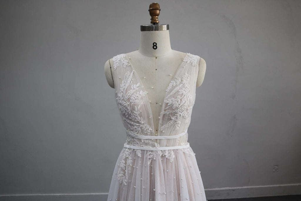 Deep V Neck A Line Wedding Dress, Lace Appliques Pearl Tulle Bridal Gown, Sleeveless Romantic Wedding Gown with Train