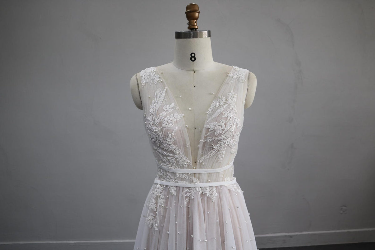 Deep V Neck A Line Wedding Dress, Lace Appliques Pearl Tulle Bridal Gown, Sleeveless Romantic Wedding Gown with Train