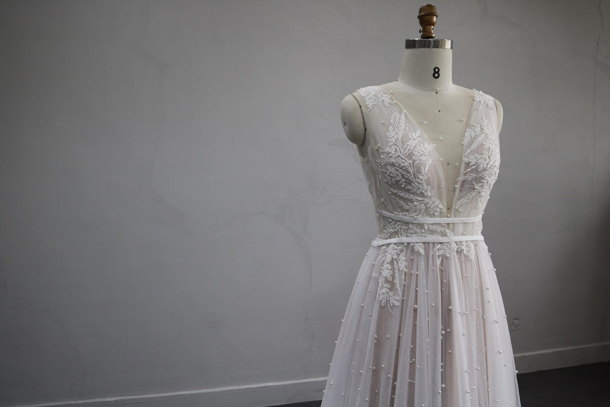 Deep V Neck A Line Wedding Dress, Lace Appliques Pearl Tulle Bridal Gown, Sleeveless Romantic Wedding Gown with Train
