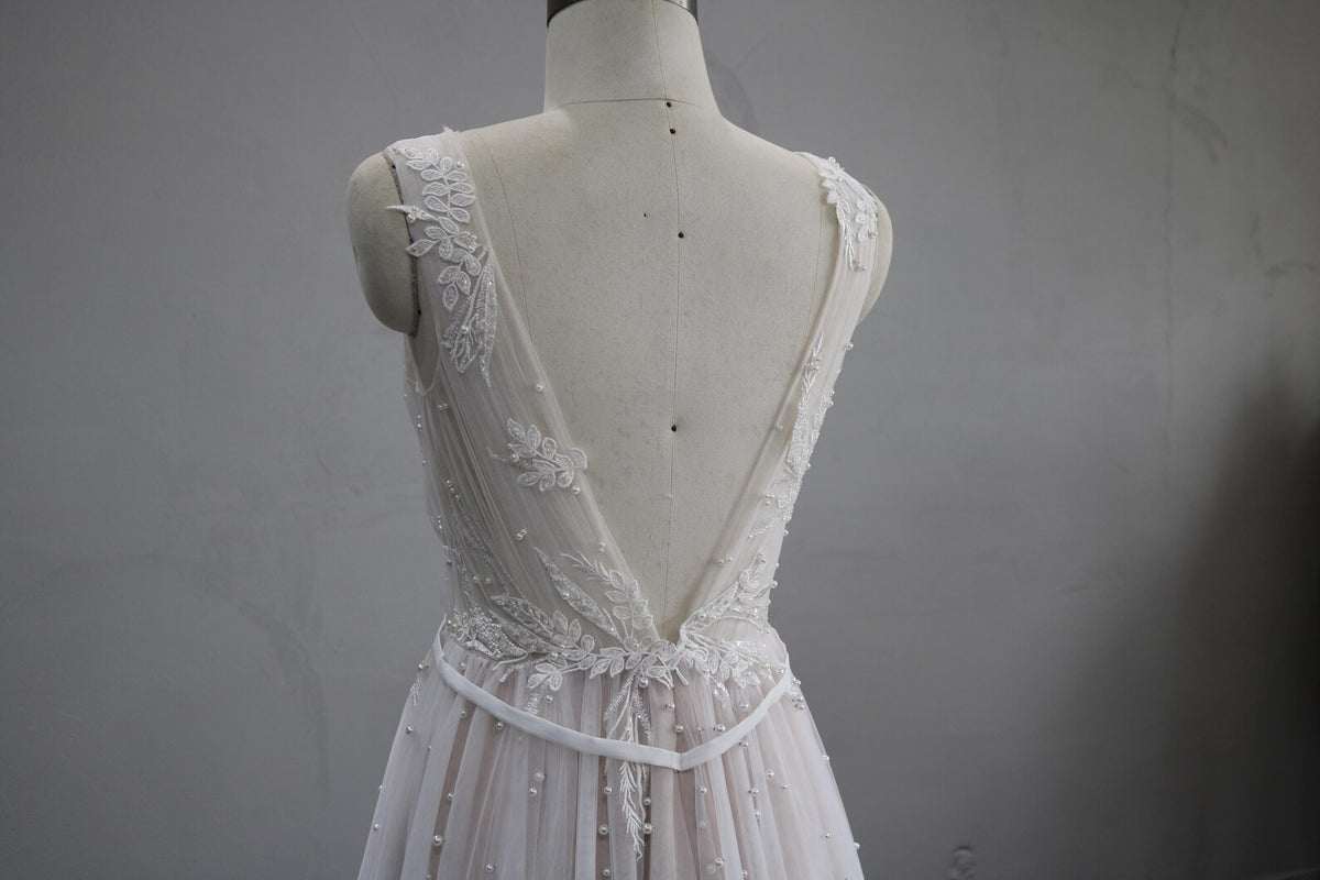 Deep V Neck A Line Wedding Dress, Lace Appliques Pearl Tulle Bridal Gown, Sleeveless Romantic Wedding Gown with Train