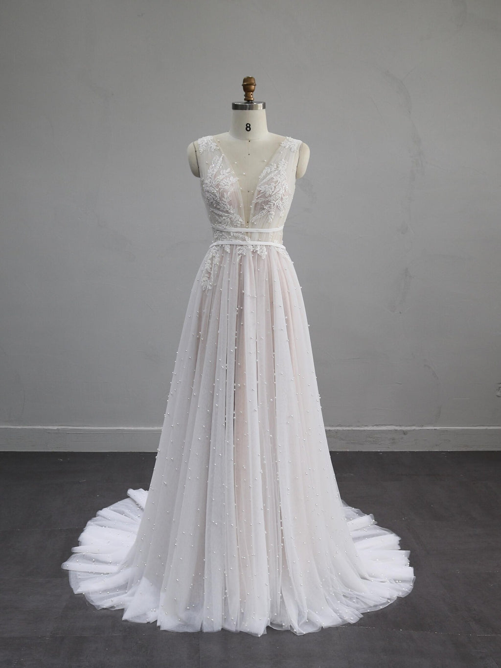 Deep V Neck A Line Wedding Dress, Lace Appliques Pearl Tulle Bridal Gown, Sleeveless Romantic Wedding Gown with Train