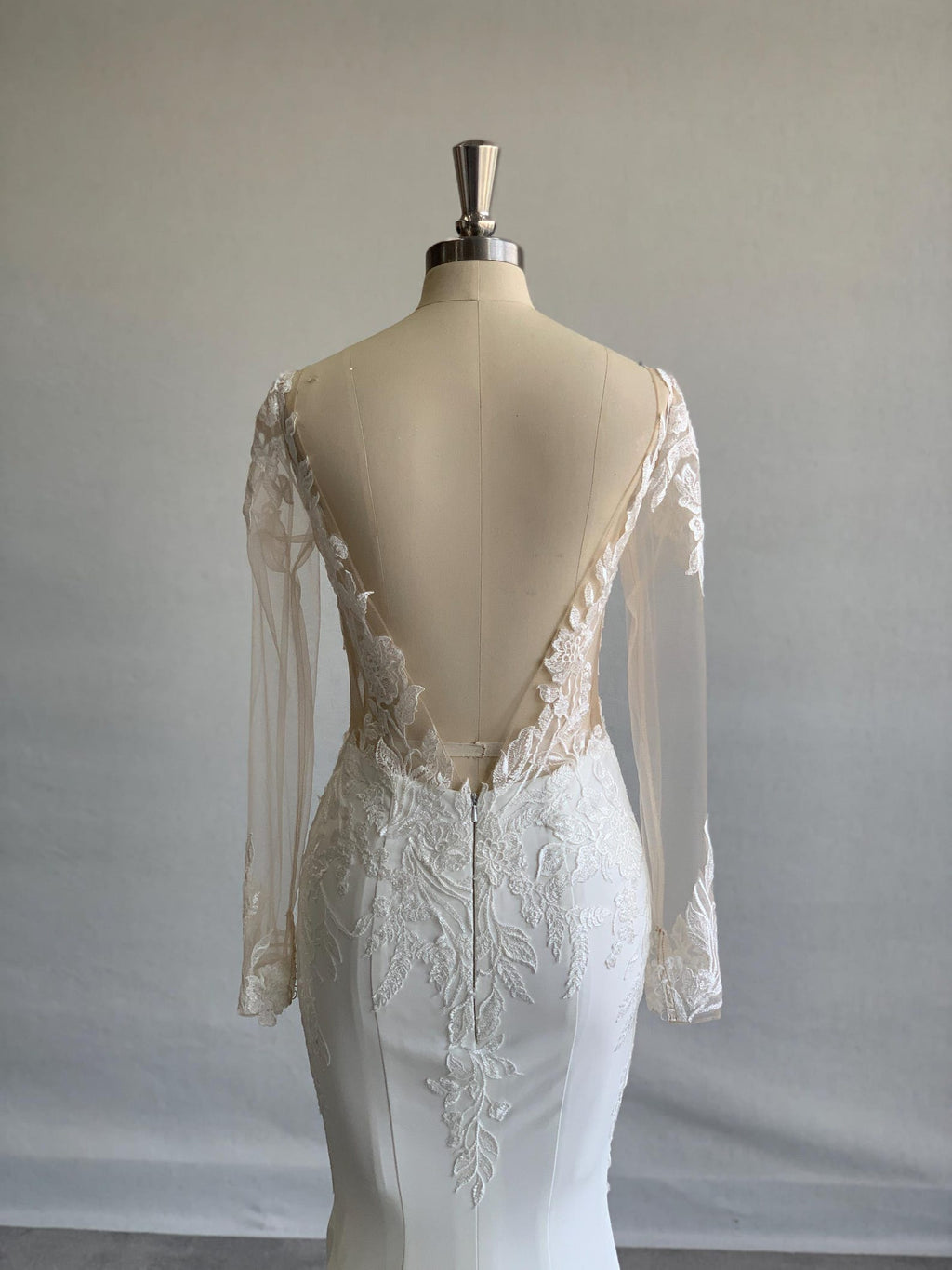 Illusion Long Sleeve Mermaid Wedding Dress, V Neck Lace Crepe Bridal Gown, Romantic Lace Applique Wedding Dress with Lace Train