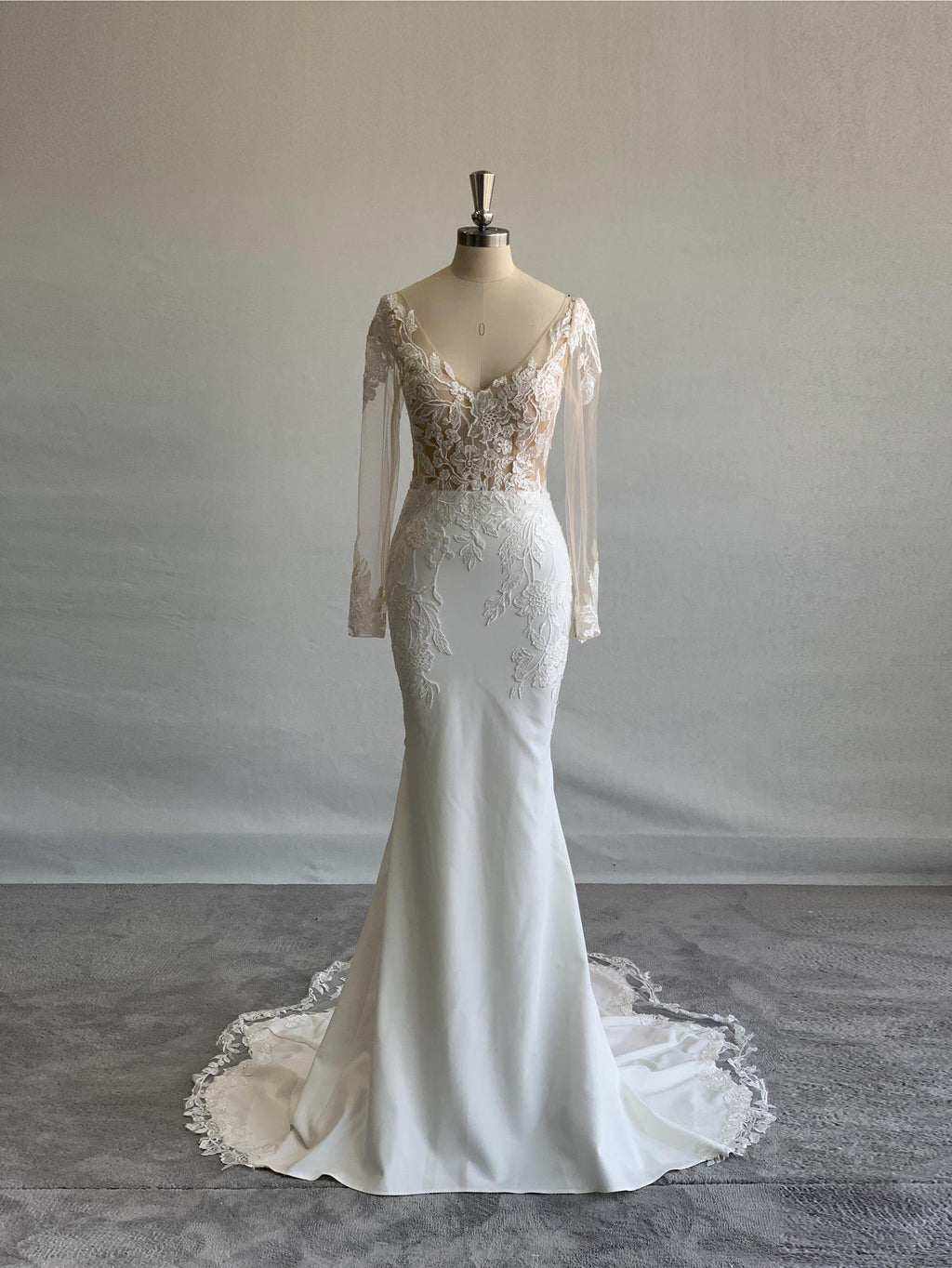 Illusion Long Sleeve Mermaid Wedding Dress, V Neck Lace Crepe Bridal Gown, Romantic Lace Applique Wedding Dress with Lace Train