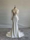 Illusion Long Sleeve Mermaid Wedding Dress, V Neck Lace Crepe Bridal Gown, Romantic Lace Applique Wedding Dress with Lace Train