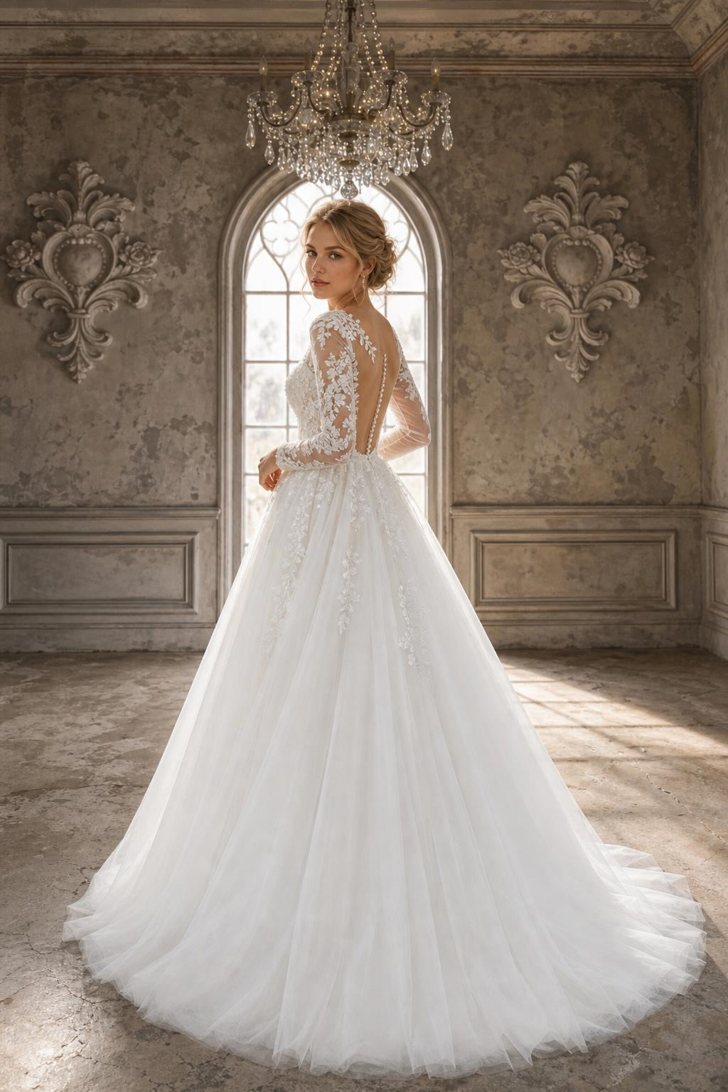 Long Sleeve Lace Ball Gown Wedding Dress, Illusion Neckline Bridal Gown, Floral Appliqué Tulle Wedding Gown, Custom Bridal Dress