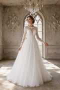 Long Sleeve Lace Ball Gown Wedding Dress, Illusion Neckline Bridal Gown, Floral Appliqué Tulle Wedding Gown, Custom Bridal Dress