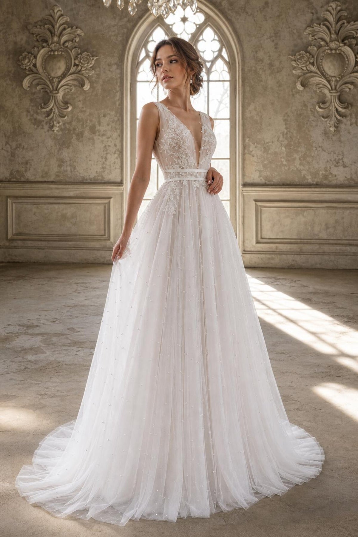 Deep V Neck A Line Wedding Dress, Lace Appliques Pearl Tulle Bridal Gown, Sleeveless Romantic Wedding Gown with Train