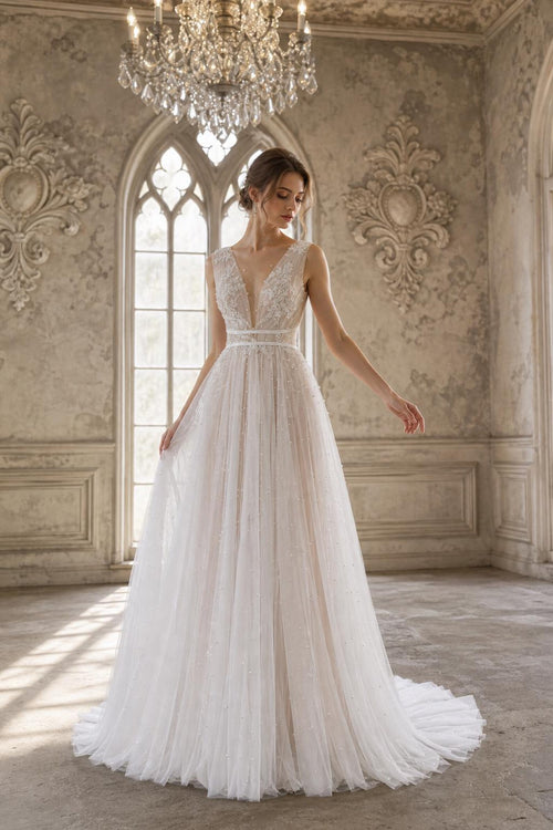 Deep V Neck A Line Wedding Dress, Lace Appliques Pearl Tulle Bridal Gown, Sleeveless Romantic Wedding Gown with Train