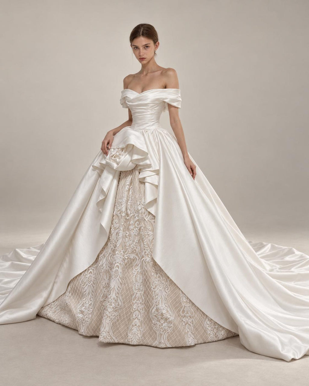 Off Shoulder Satin Wedding Dress with Lace Skirt, 3D Floral Ruffle Ballgown Bridal Gown with Long Train, Custom Wedding Gown