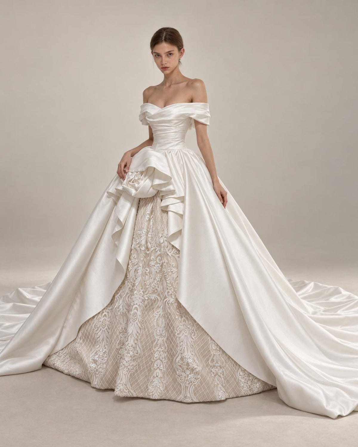 Off Shoulder Satin Wedding Dress with Lace Skirt, 3D Floral Ruffle Ballgown Bridal Gown with Long Train, Custom Wedding Gown