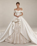 Off Shoulder Satin Wedding Dress with Lace Skirt, 3D Floral Ruffle Ballgown Bridal Gown with Long Train, Custom Wedding Gown