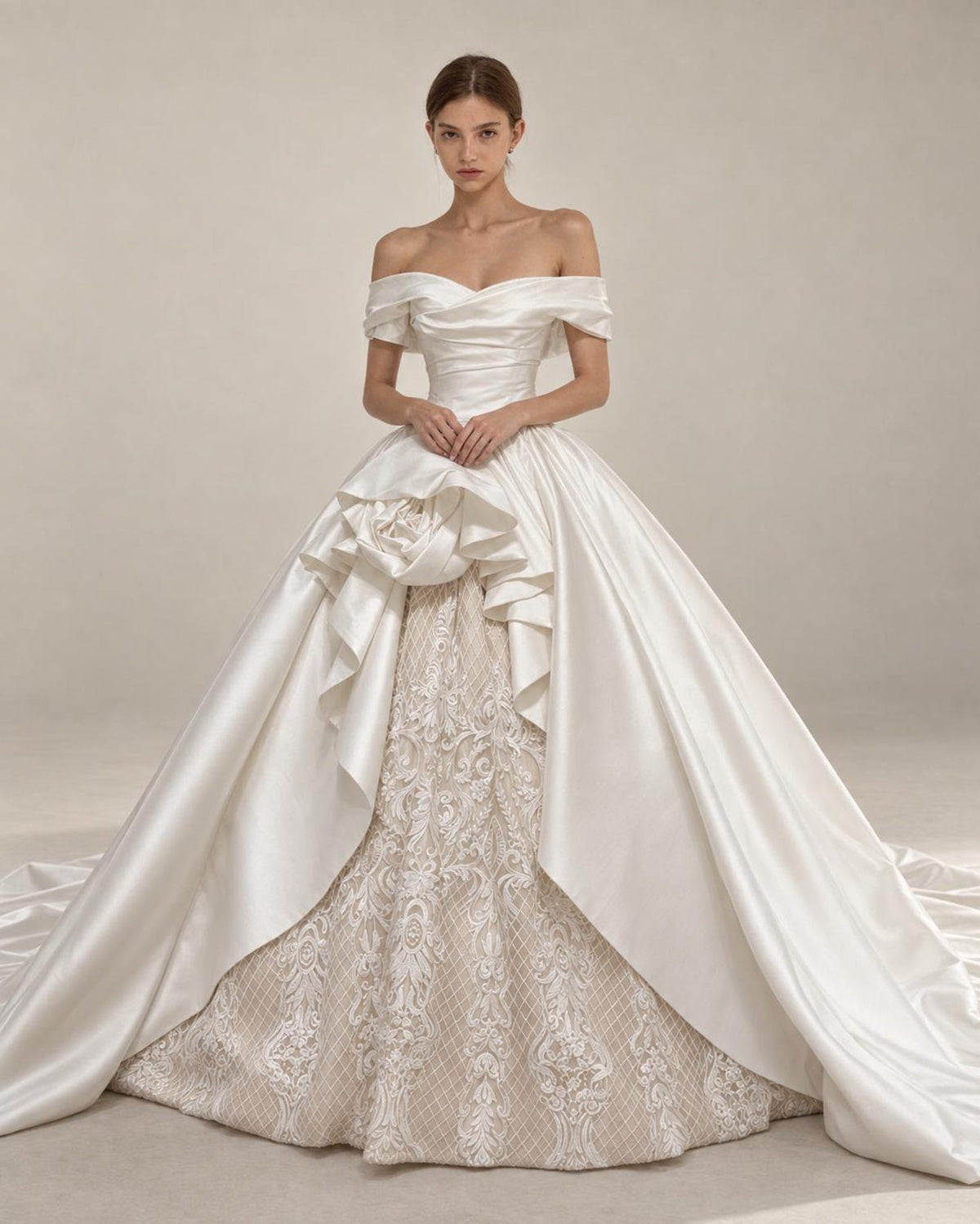 Off Shoulder Satin Wedding Dress with Lace Skirt, 3D Floral Ruffle Ballgown Bridal Gown with Long Train, Custom Wedding Gown
