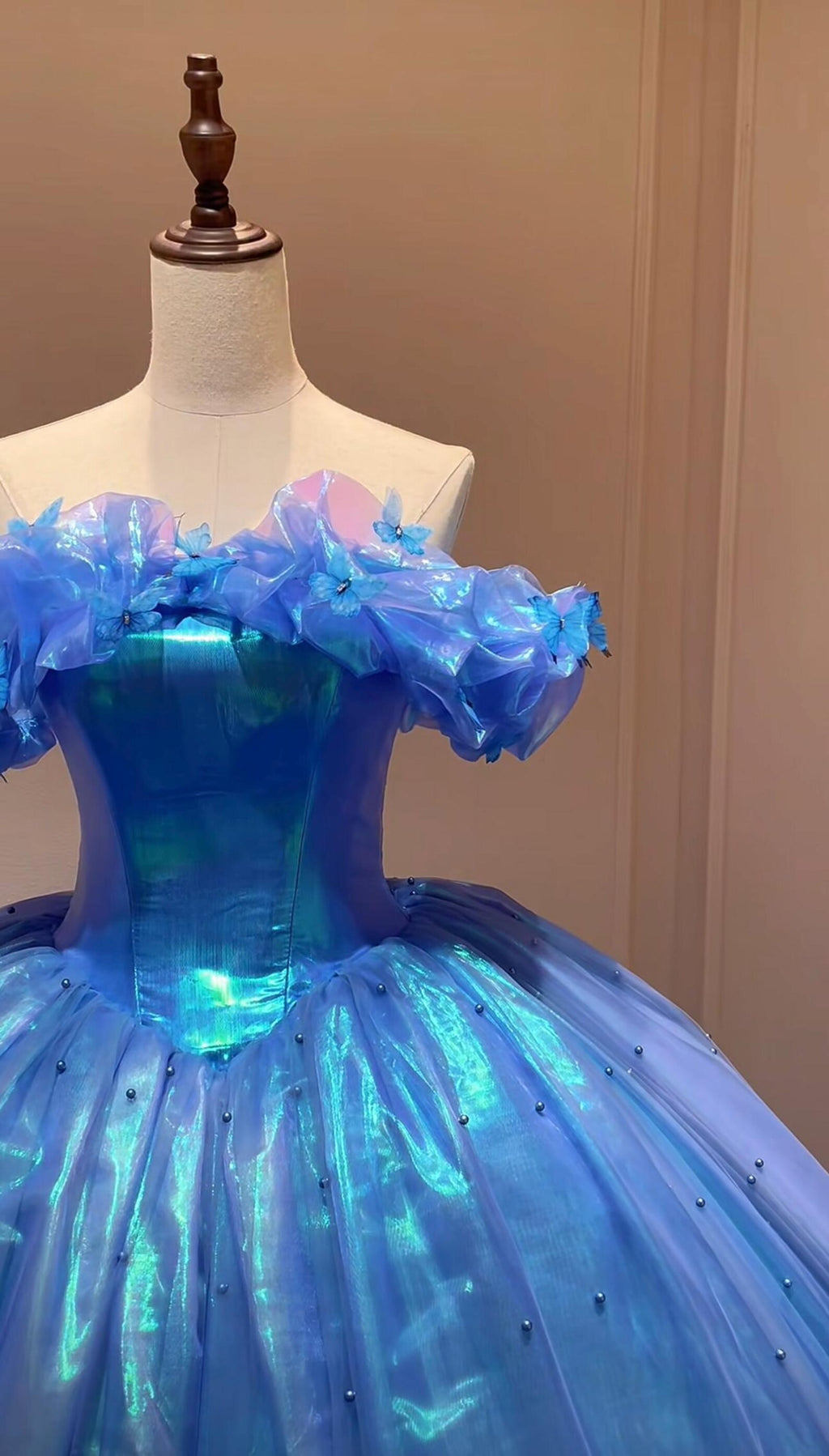 Iridescent Blue Cinderella Ballgown, Off Shoulder Butterfly Tulle Princess Gown, Quinceañera Prom Birthday Dress