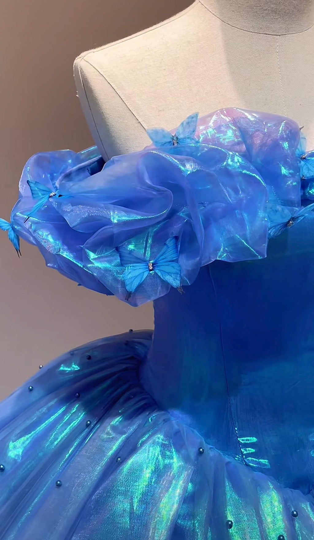 Iridescent Blue Cinderella Ballgown, Off Shoulder Butterfly Tulle Princess Gown, Quinceañera Prom Birthday Dress