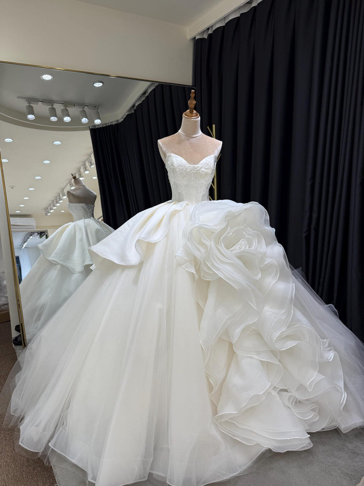 Strapless Lace Corset Ballgown Wedding Dress, 3D Floral Organza Bridal Gown, Voluminous Princess Wedding Dress