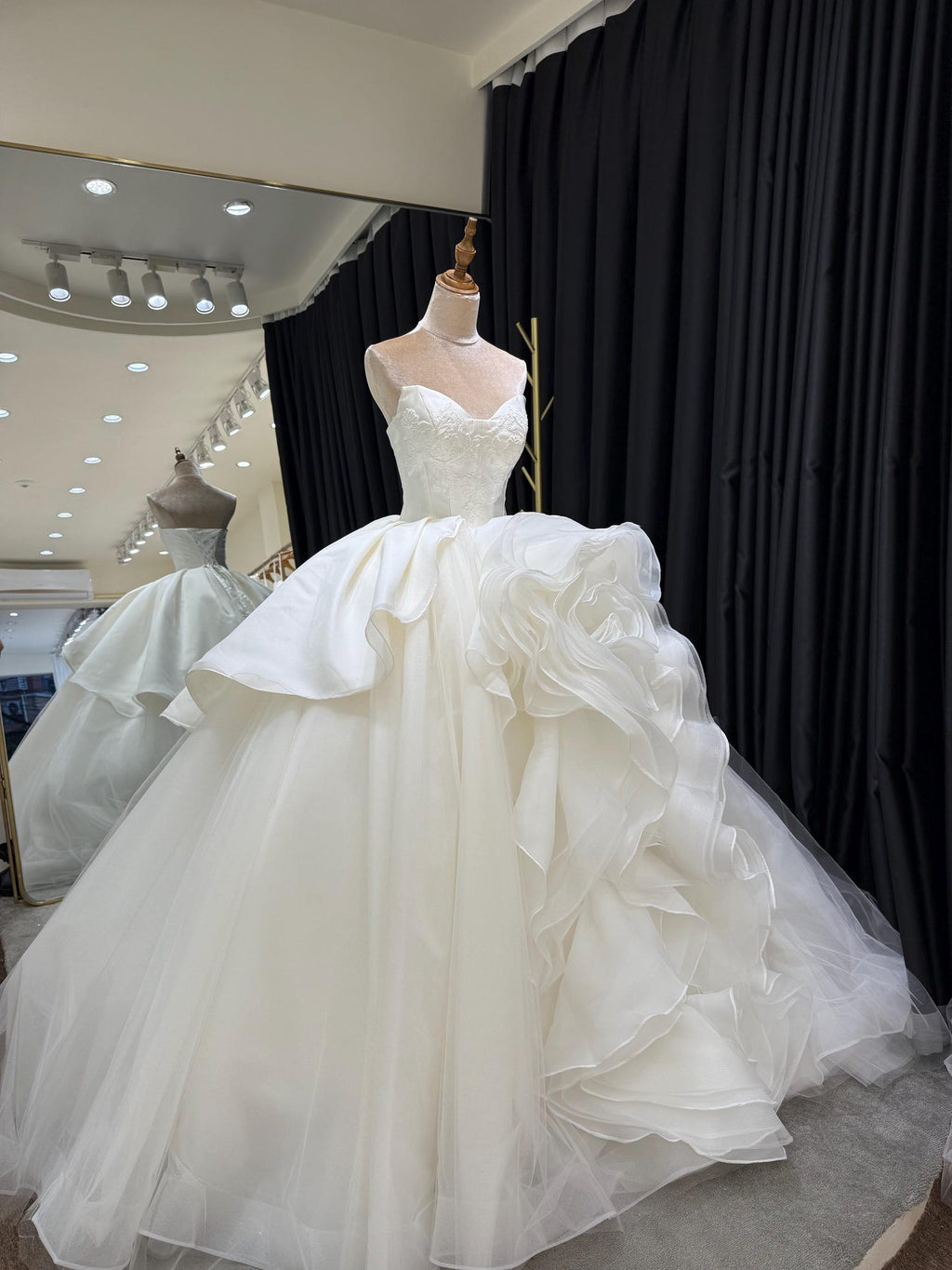 Strapless Lace Corset Ballgown Wedding Dress, 3D Floral Organza Bridal Gown, Voluminous Princess Wedding Dress