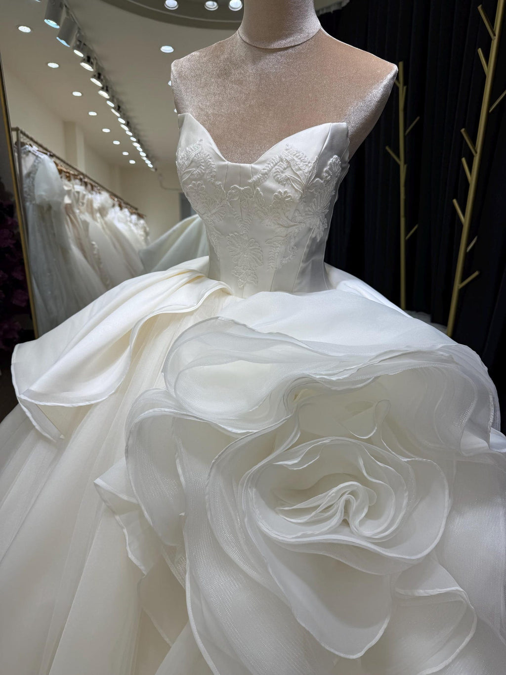 Strapless Lace Corset Ballgown Wedding Dress, 3D Floral Organza Bridal Gown, Voluminous Princess Wedding Dress