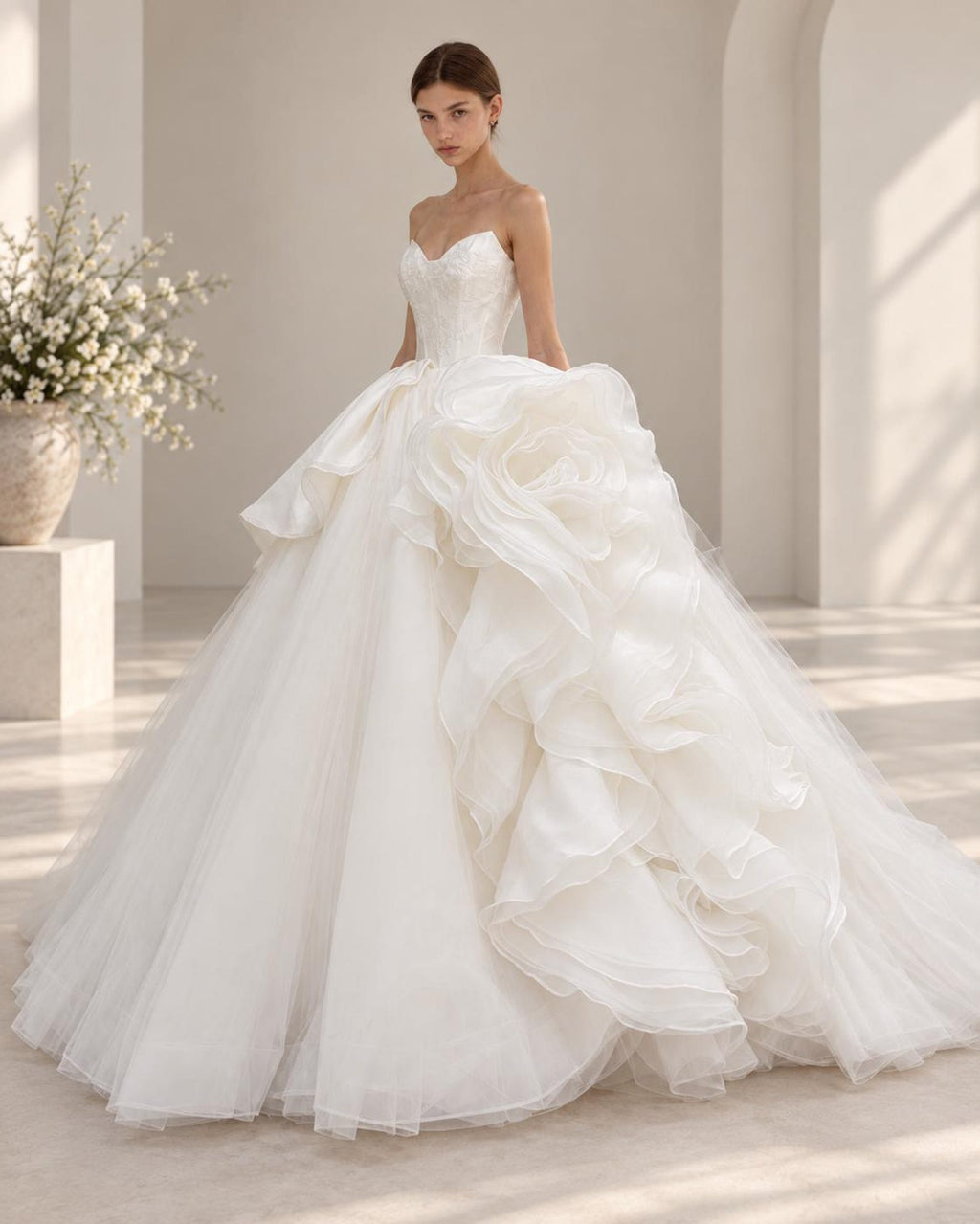 Strapless Lace Corset Ballgown Wedding Dress, 3D Floral Organza Bridal Gown, Voluminous Princess Wedding Dress