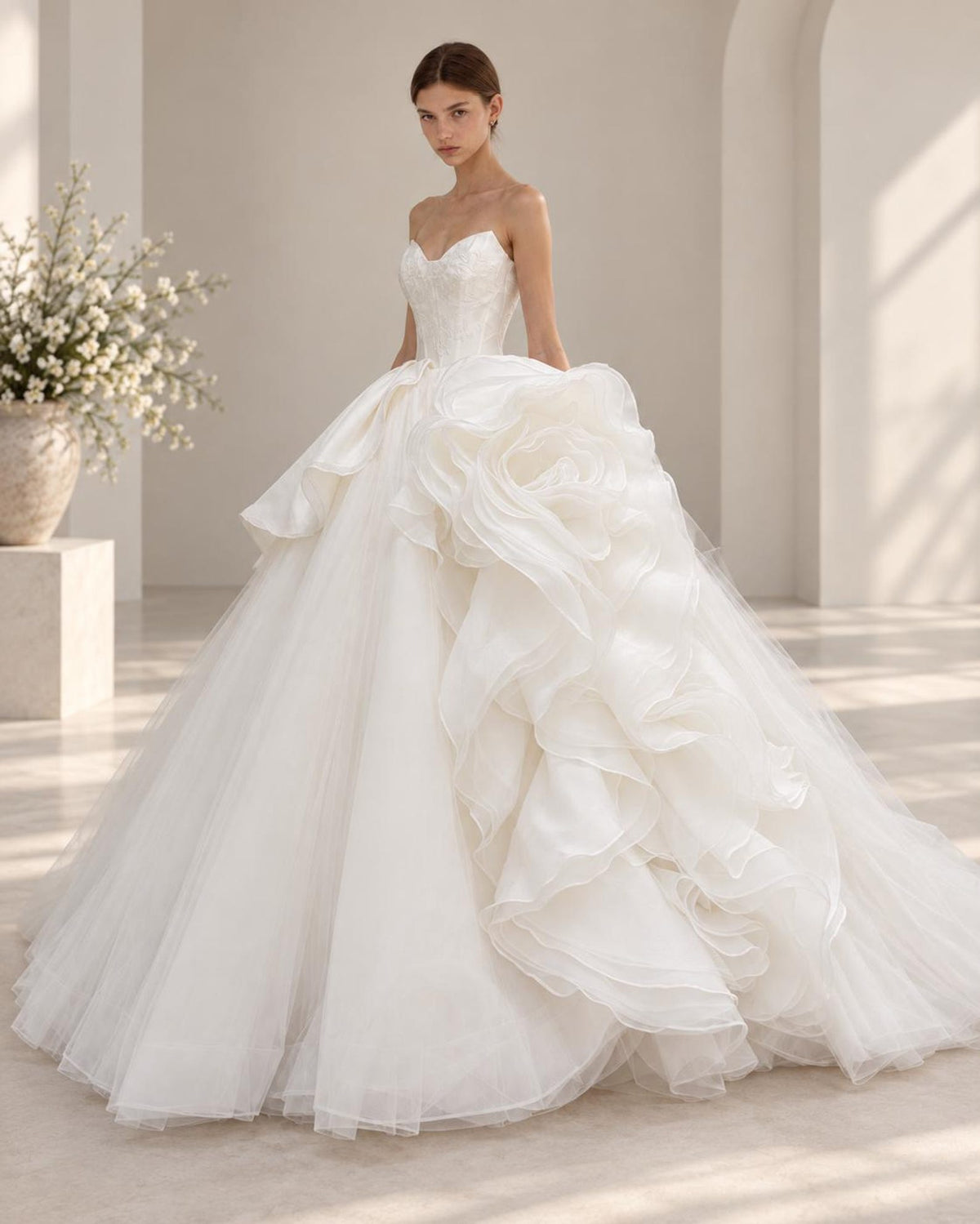 Strapless Lace Corset Ballgown Wedding Dress, 3D Floral Organza Bridal Gown, Voluminous Princess Wedding Dress