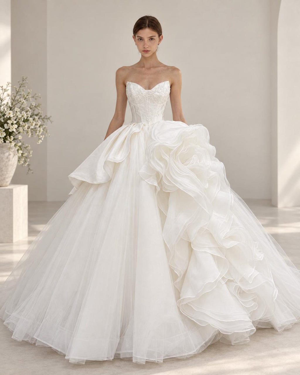 Strapless Lace Corset Ballgown Wedding Dress, 3D Floral Organza Bridal Gown, Voluminous Princess Wedding Dress