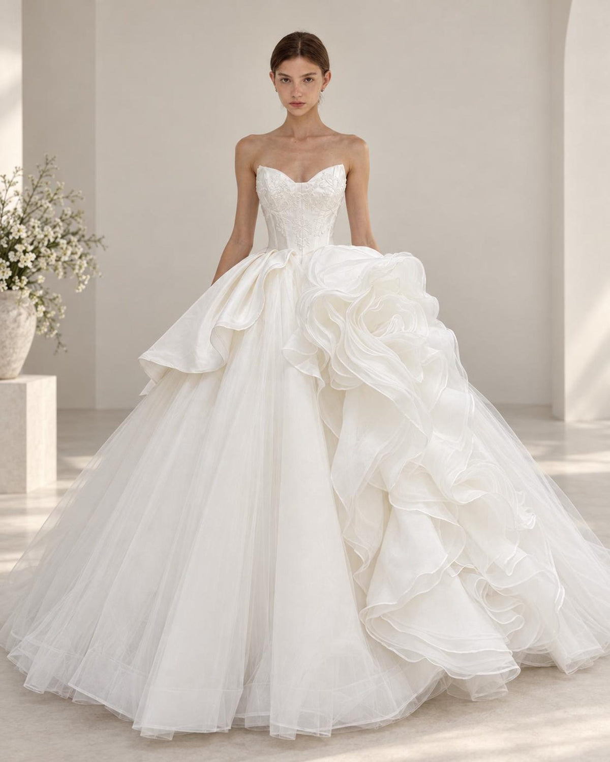 Strapless Lace Corset Ballgown Wedding Dress, 3D Floral Organza Bridal Gown, Voluminous Princess Wedding Dress